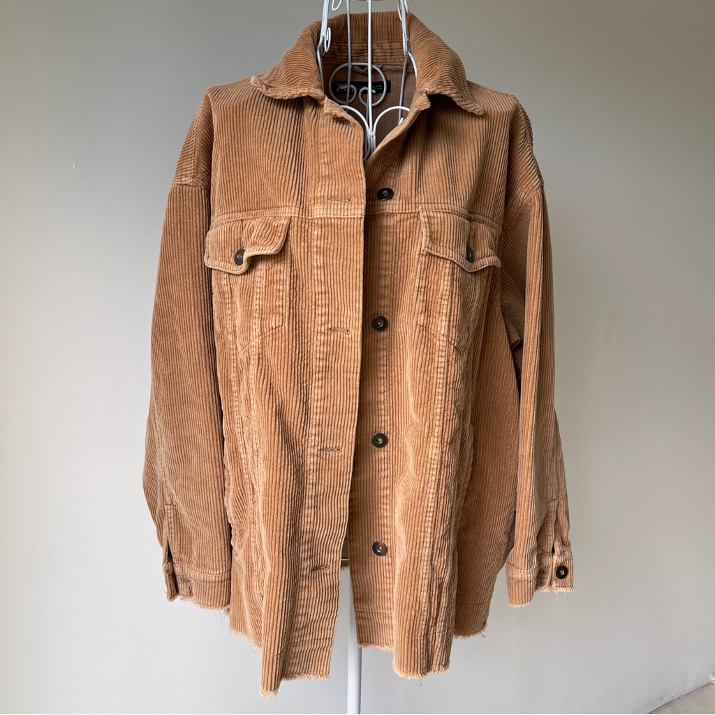 Zara Corduroy Lightweight Jacket Raw Hem Shacked Pockets Oversized Beige Size M